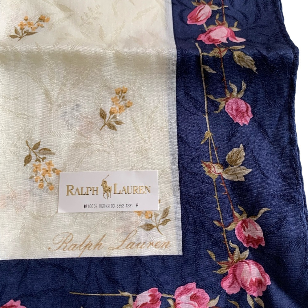 Floral Print Scarf / handkerchief cotton with Navy Border
